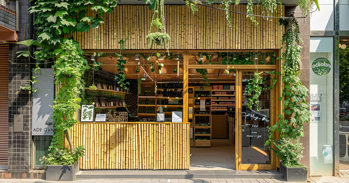 A storefront for dingle health foods with red doors.